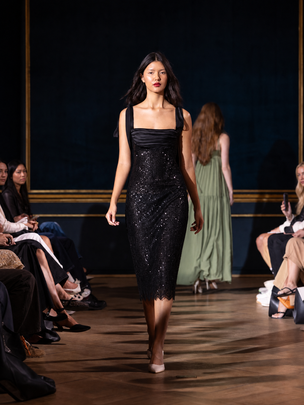 Elsa Sequin Midi Dress with Silk & Lace Details Black