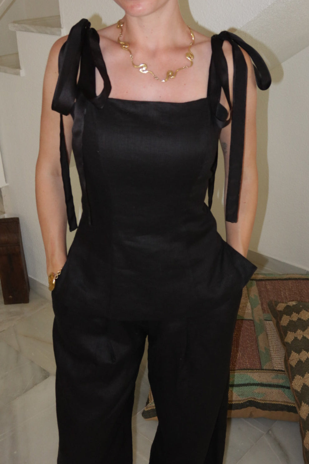 Line Linen Top Black