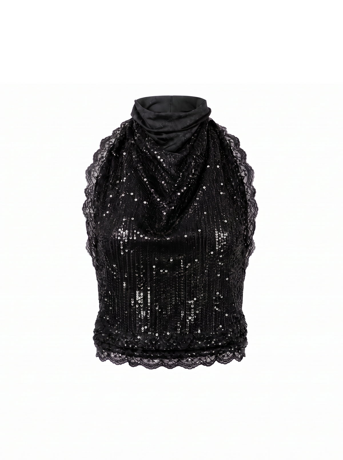 Helena Sequin Halter Top with Silk Details Black