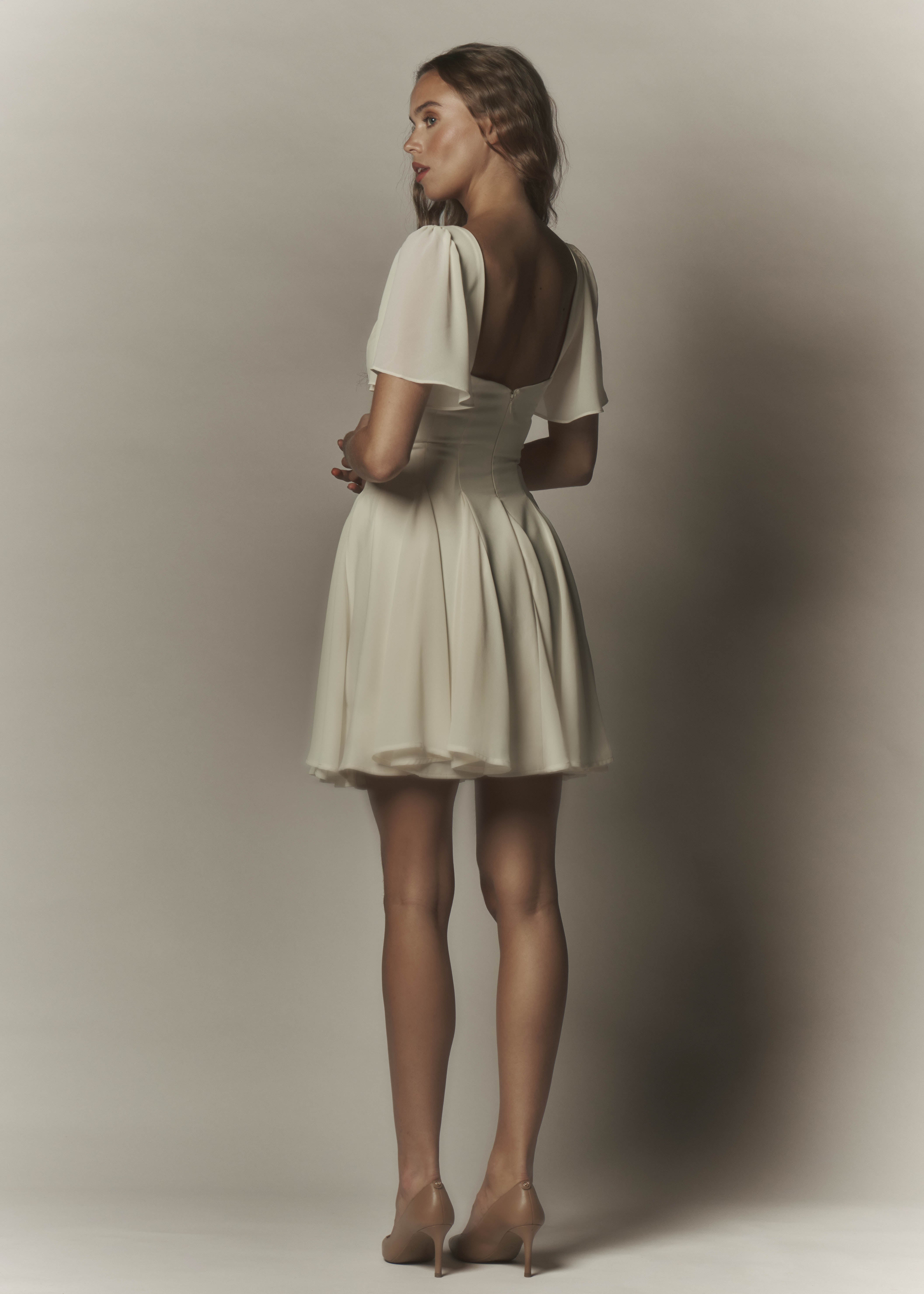 Alette Mini Dress Flutter Sleeves Ivory
