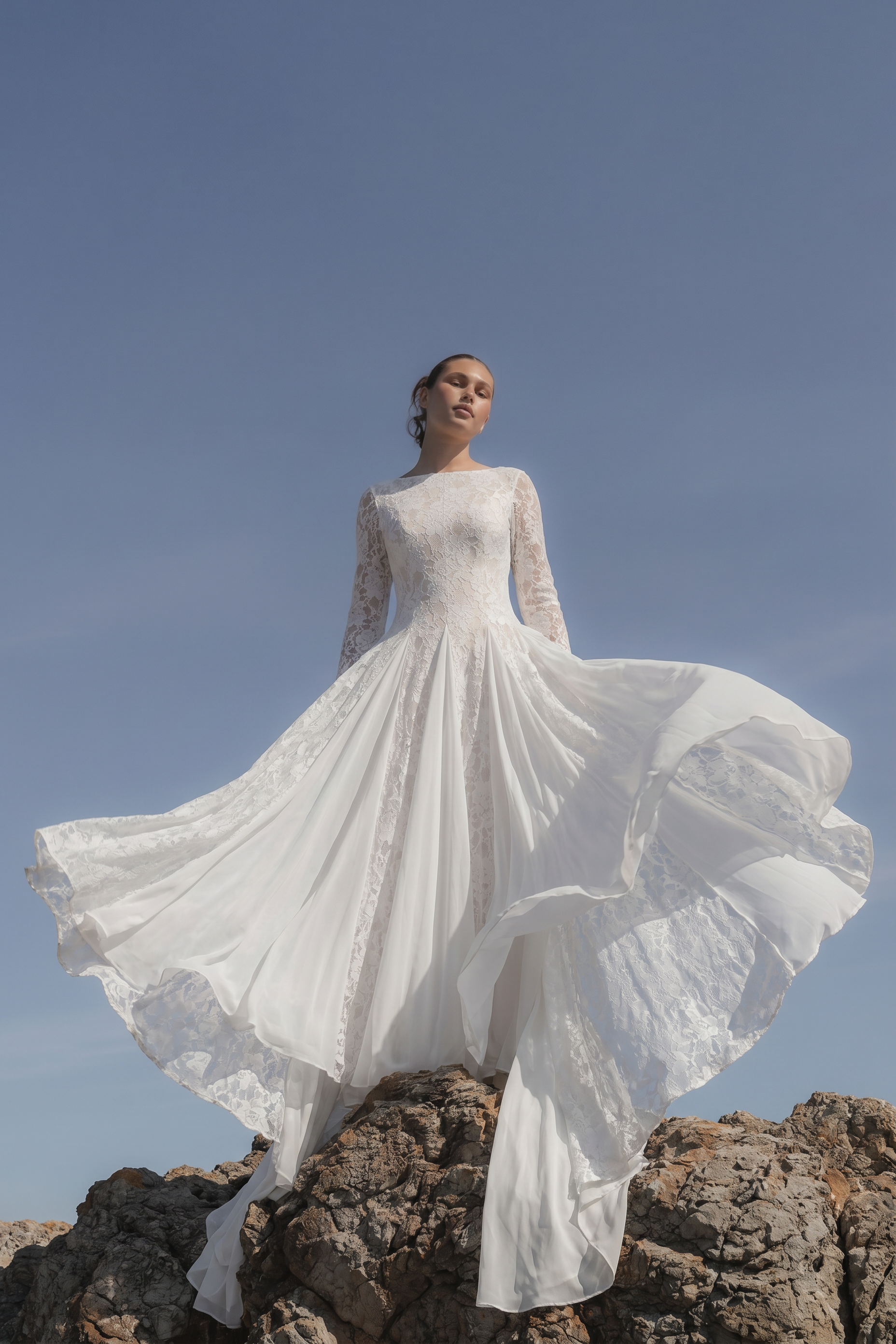 long sleeve lace maxi dress white ROSEE de MATIN LONG SLEEVE SEMI SHEER LACE DRESS IN White