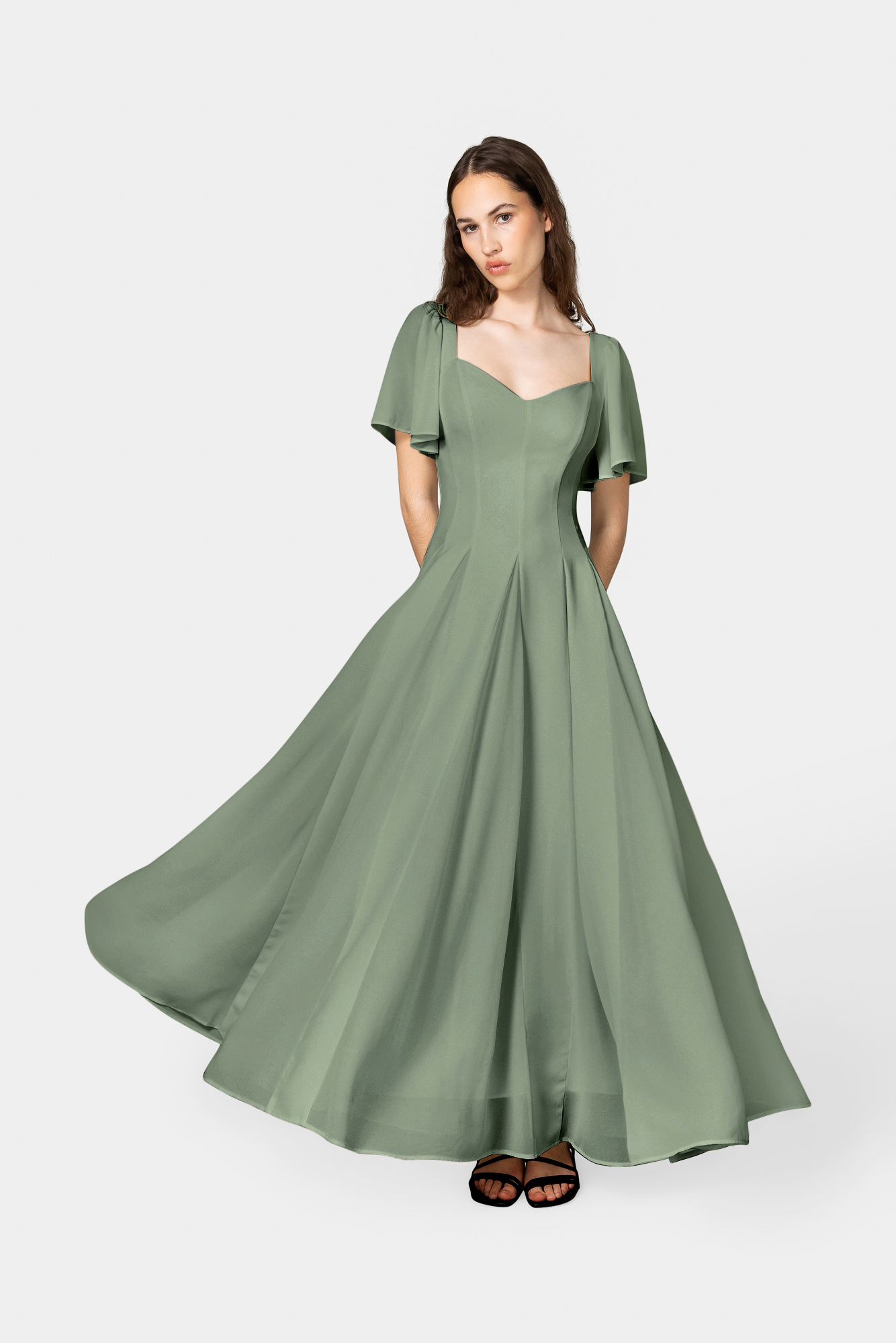 Alette Maxi Dress Flutter Sleeves Sage
