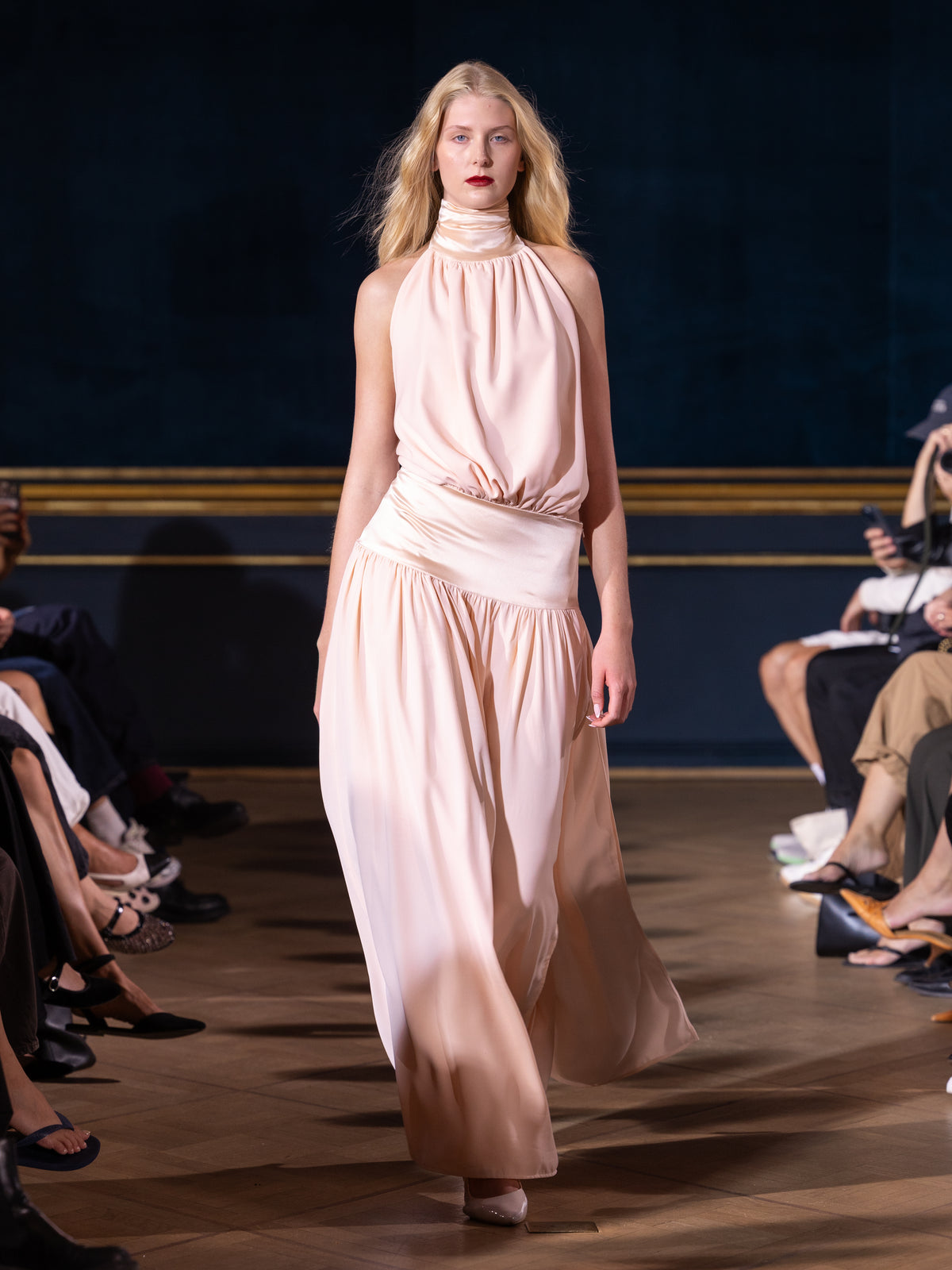 Julie High Neck Satin Halter Maxi Dress Blush