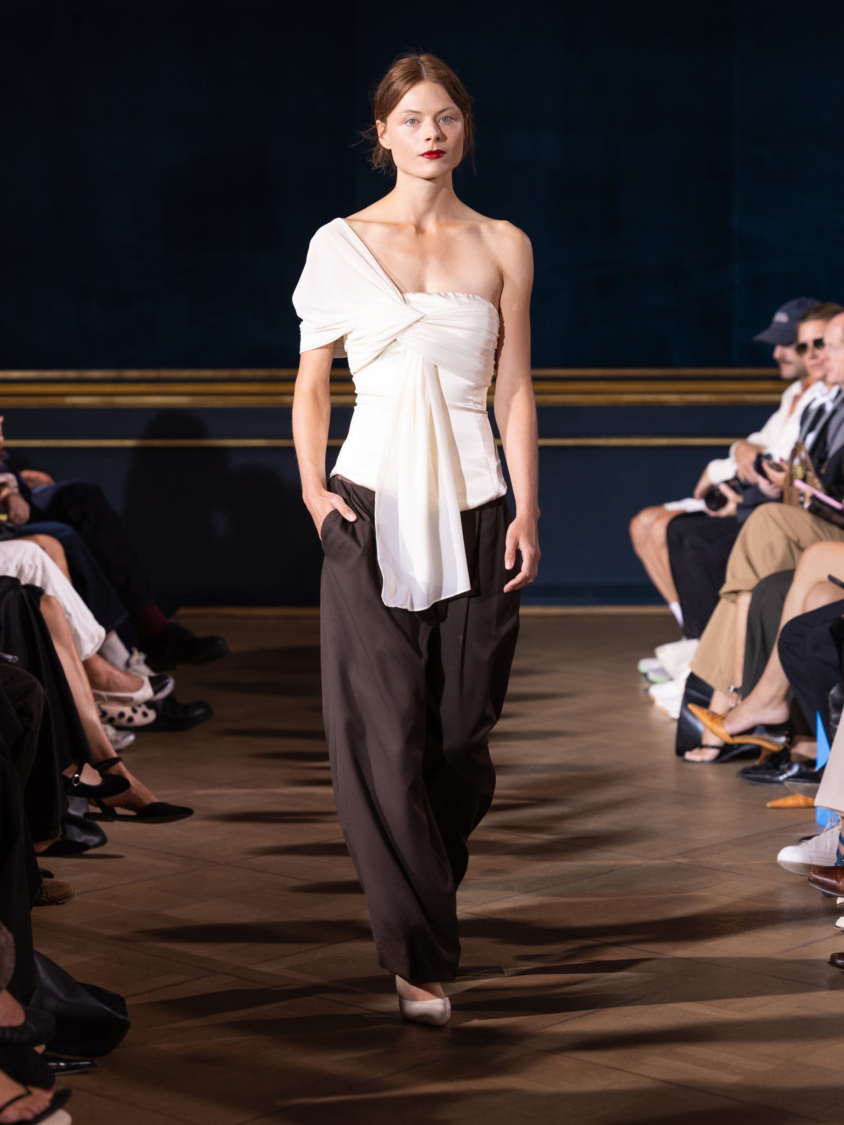 Marte One Shoulder Draped Satin Corset Top Ivory