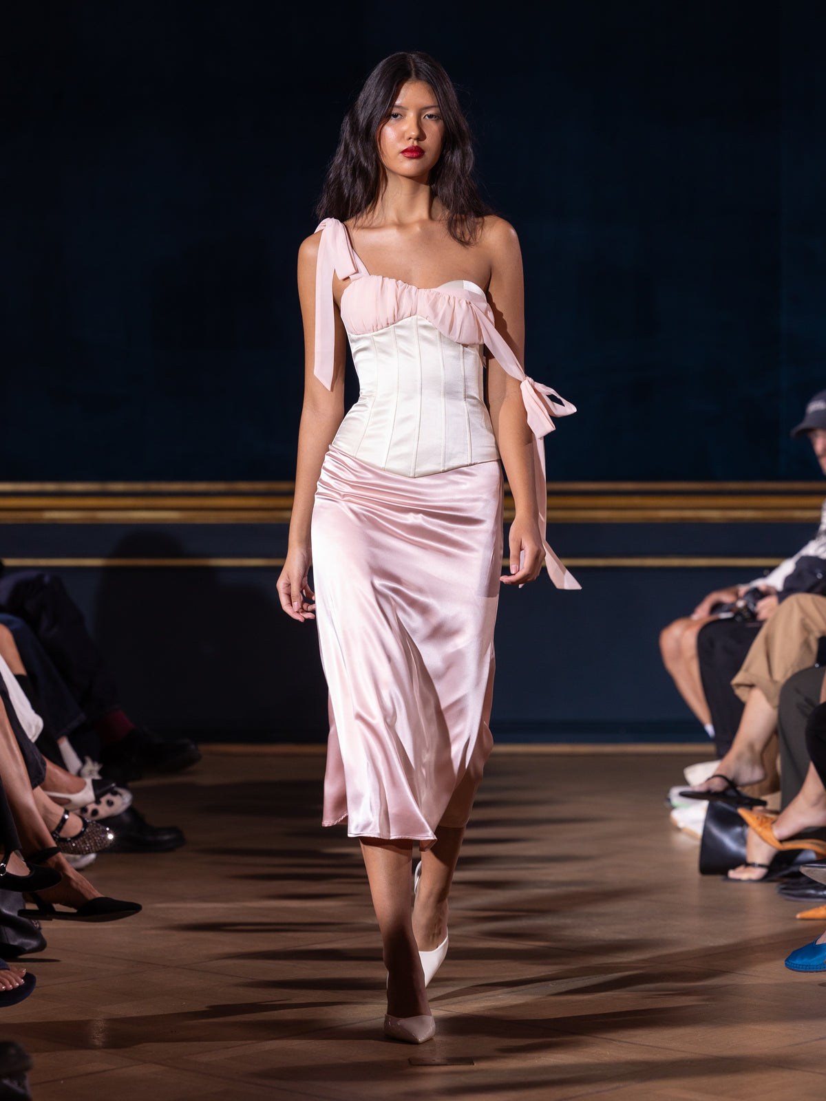 Nora Bias-Cut Satin Midi Skirt Pink
