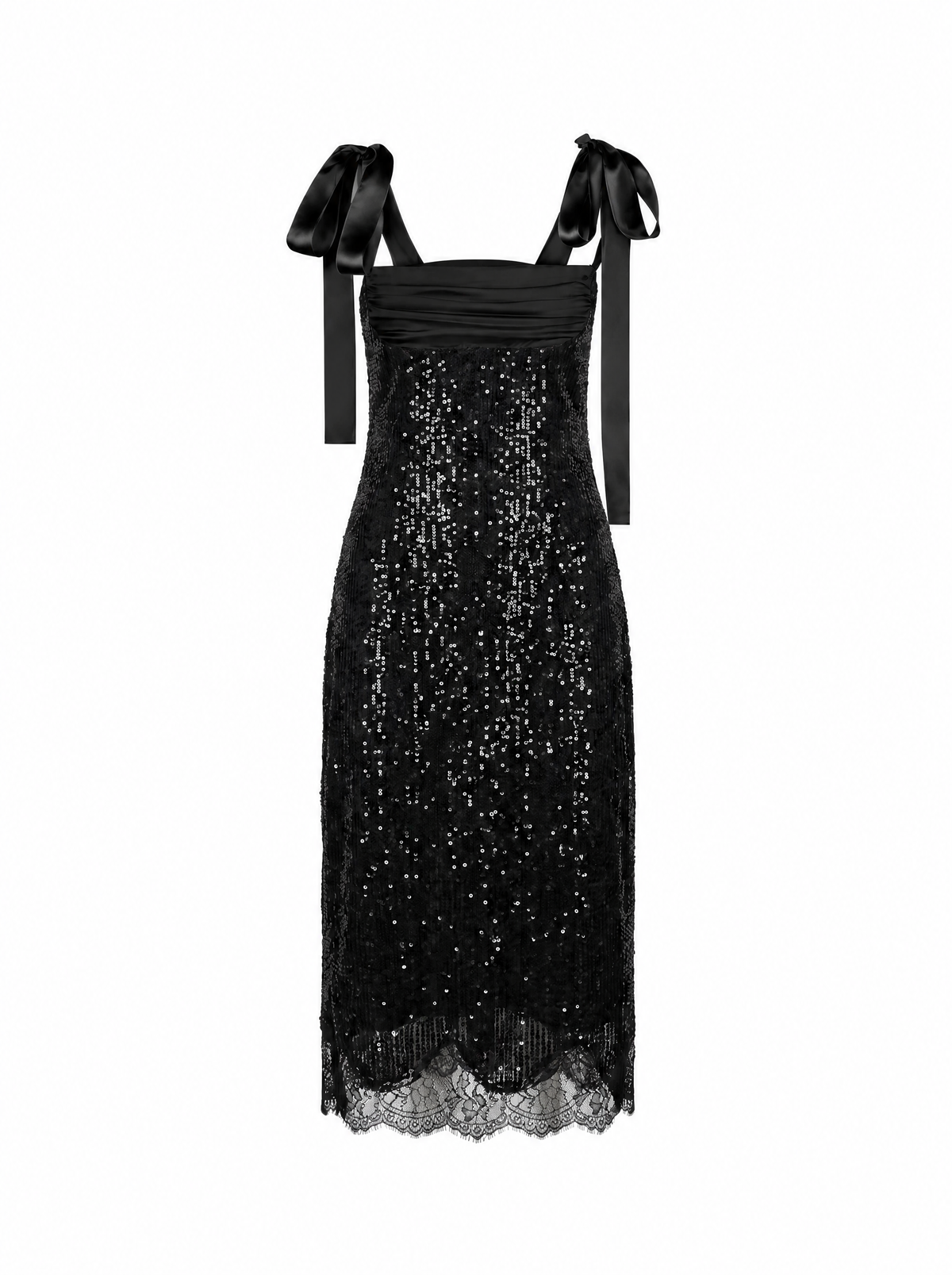 Elsa Sequin Midi Dress with Silk & Lace Details Black