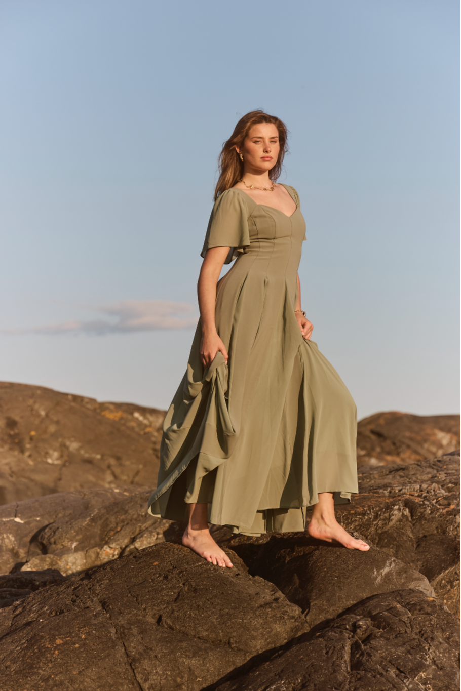 Alette Maxi Dress Flutter Sleeves Sage