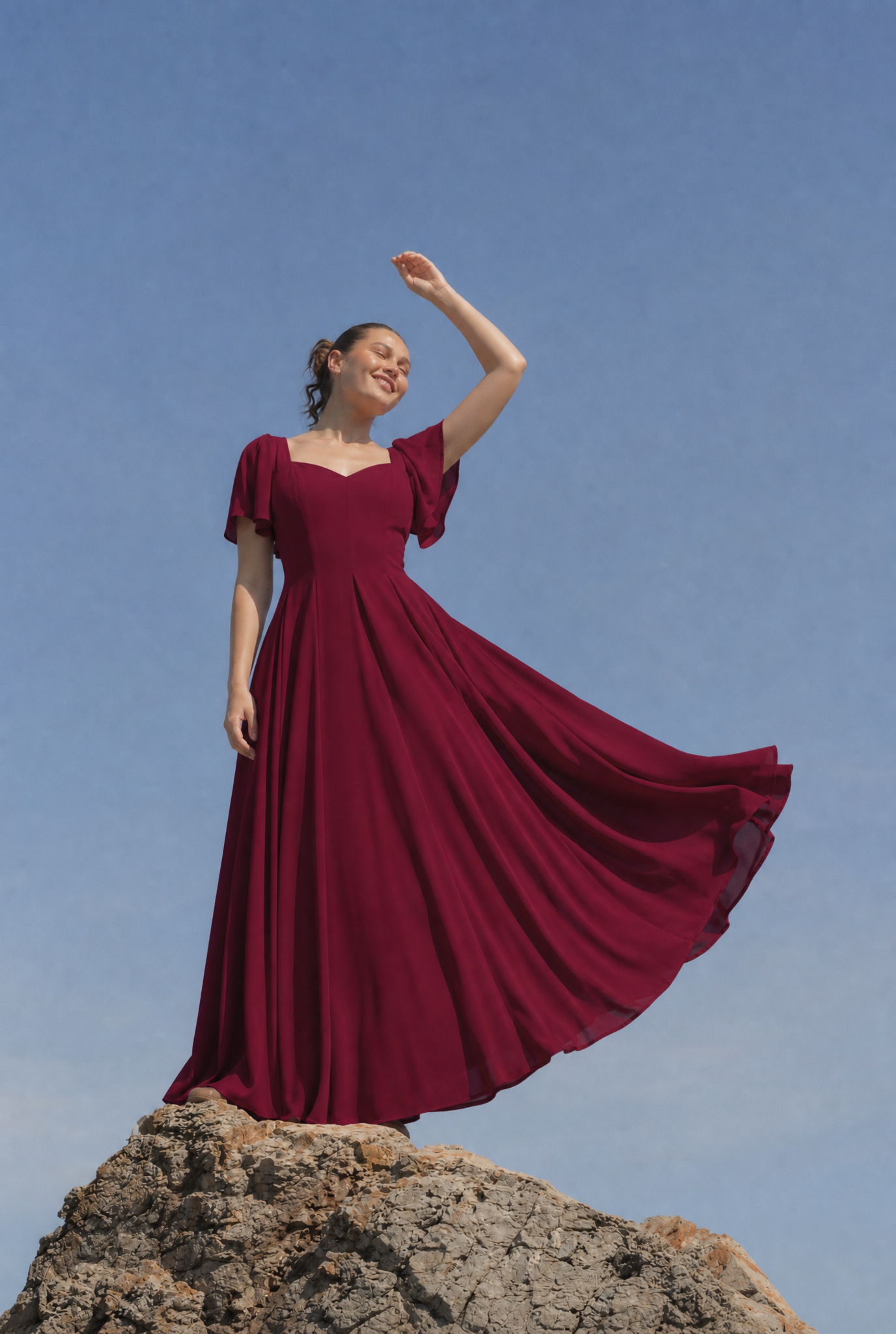 Alette Maxi Dress Flutter Sleeves – Burgundy Bridesmaid & Wedding Guest Dress