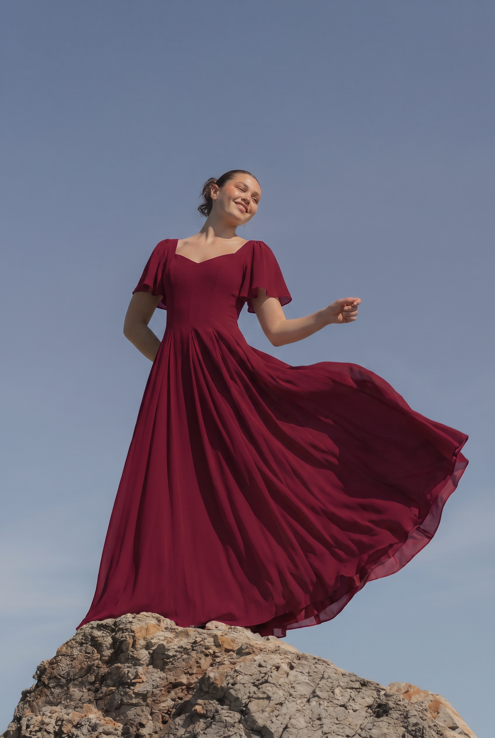 Alette Maxi Dress Flutter Sleeves – Burgundy Bridesmaid & Wedding Guest Dress