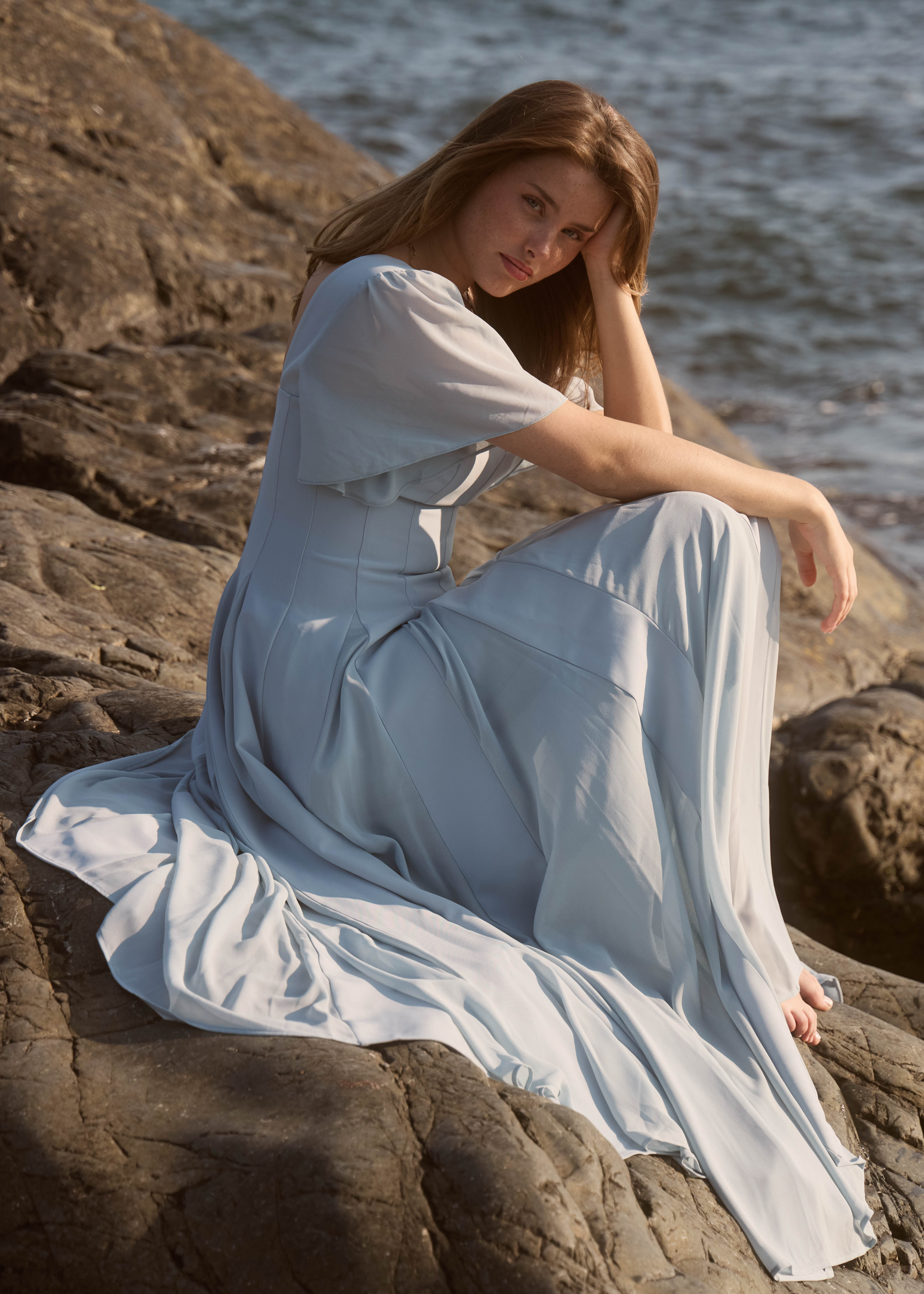 Alette Maxi Dress Flutter Sleeves Powder Blue