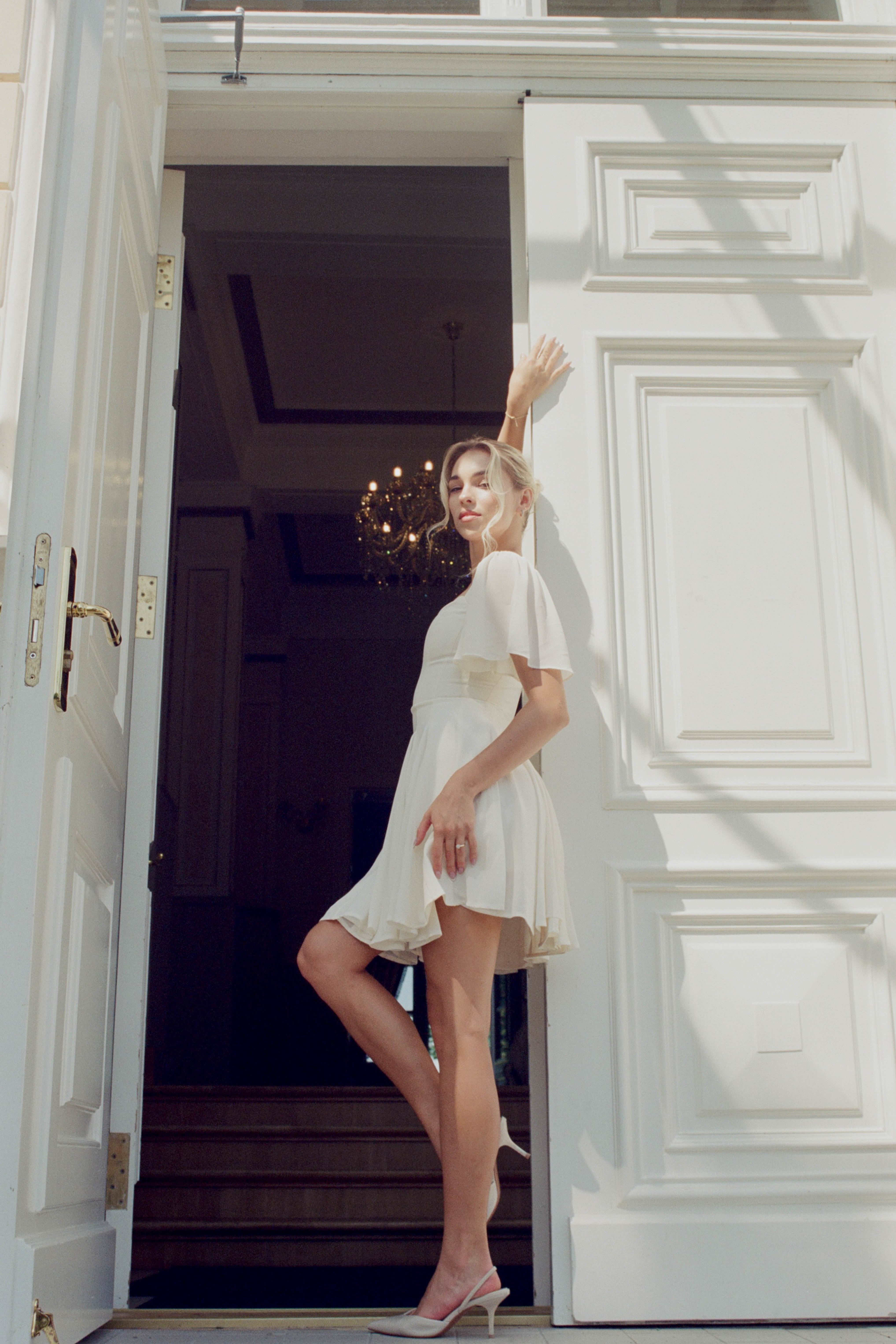Alette Mini Dress Flutter Sleeves Ivory