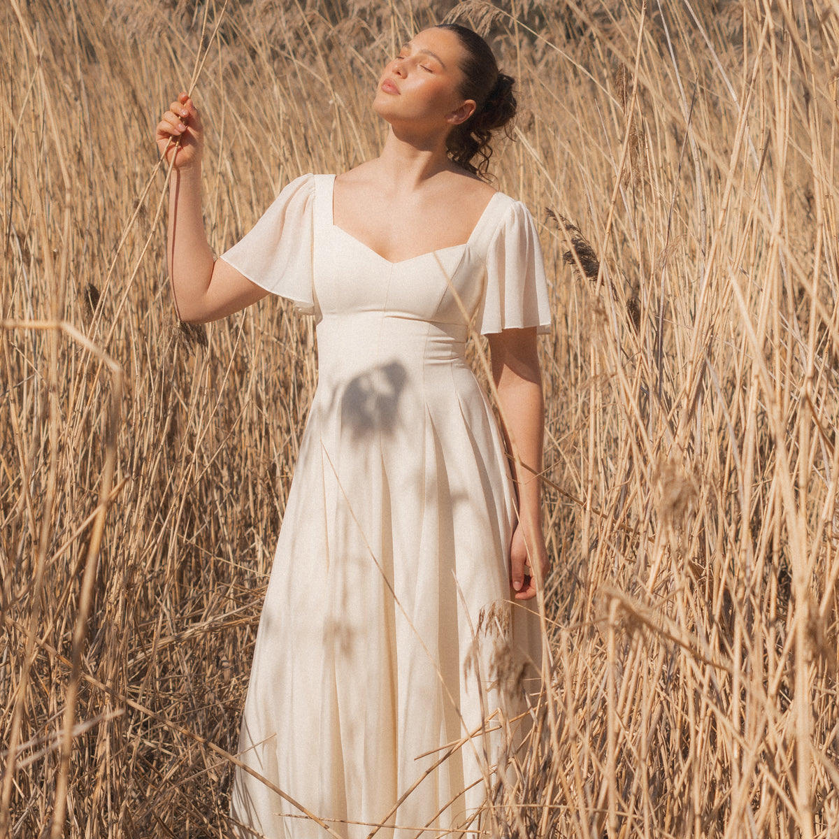 kathlene flutter sleeves maxi dress cream Alette Maxi Dress Flutter Sleeves – Ivory Bridal & Wedding Dress XL